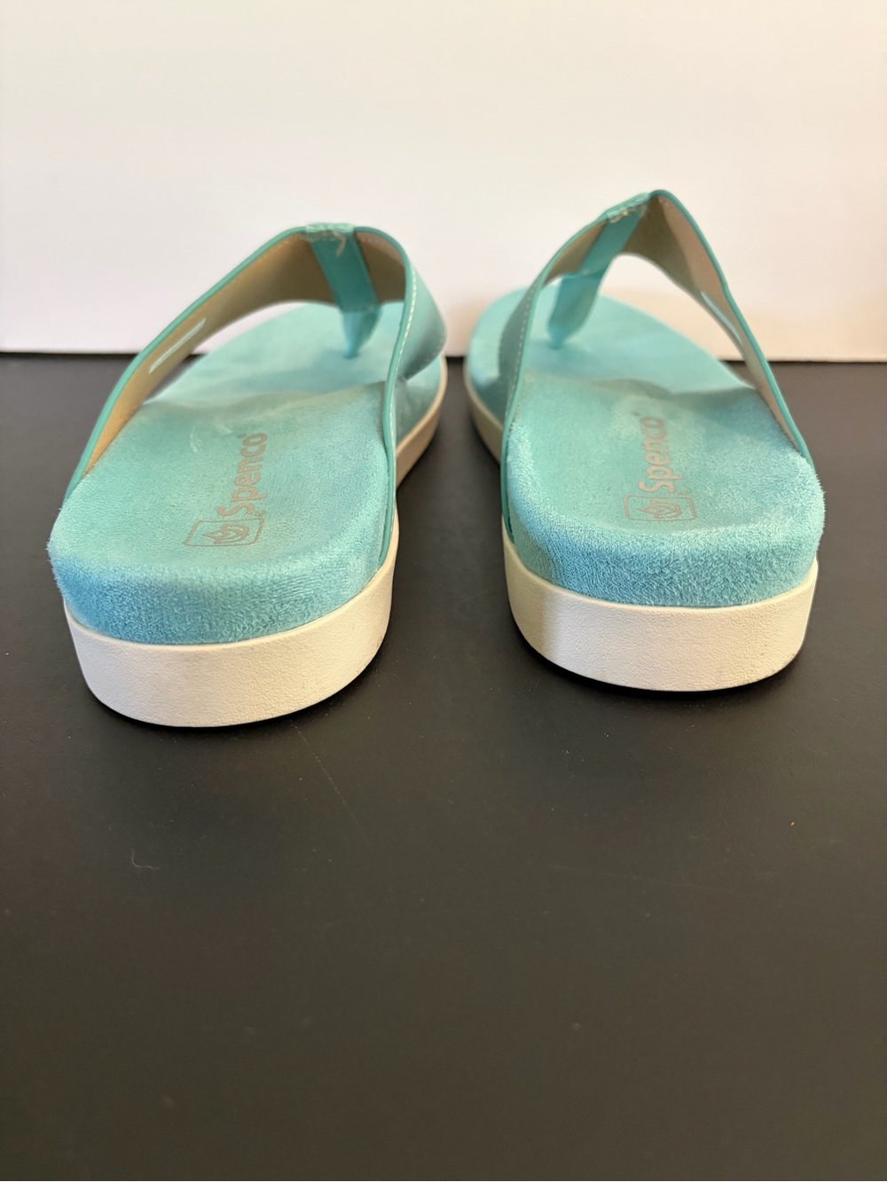 Spenco Newport Size 9 Aqua Cheetah Metallic Print Orthotic Thing Sandals - Picture 4 of 9